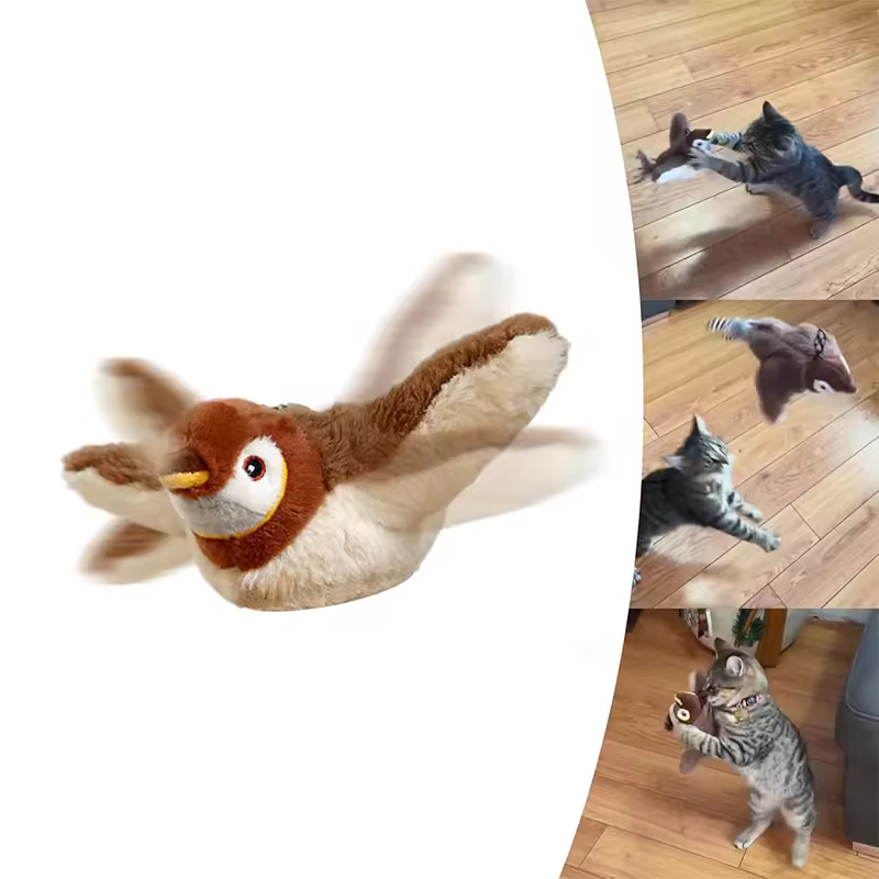 New USB Rechargeable Interactive Automatic Flapping Wings Simulated Chirping Bird Sparrow Pet Chase Kitten Cat Plush Toy